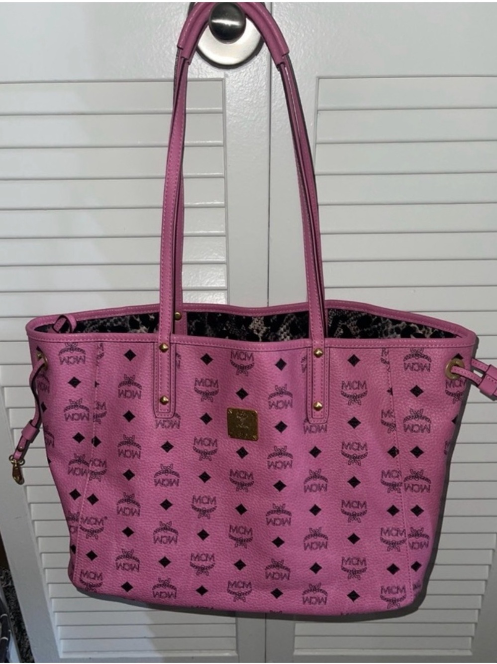 MCM Pink Monogram Canvas Tote with Gold Plaque